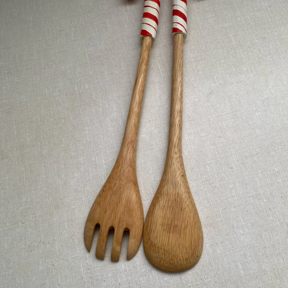 Vintage Christmas Wooden Salad Servers spoons with‎ Candy Cane Handles